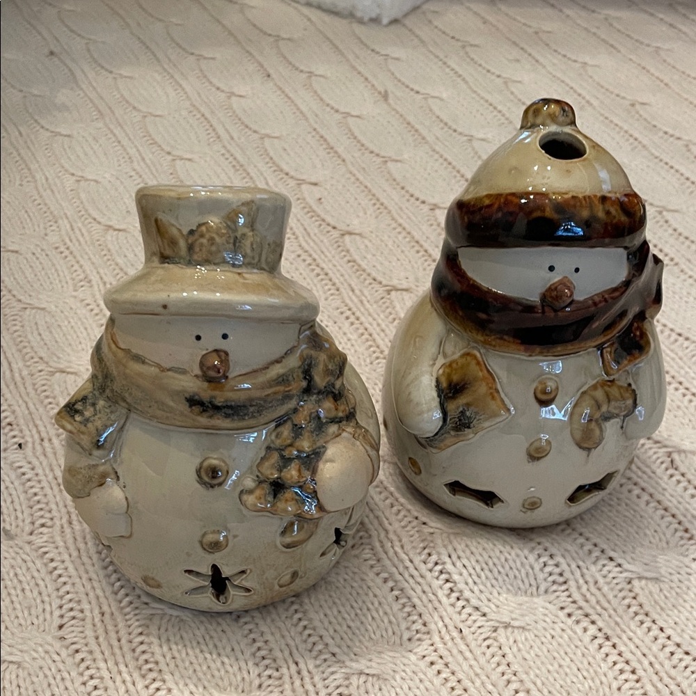 NIB North Lights at Home snowmen tea light holders. Ceramic. Glazed unused tan - Picture 3 of 13